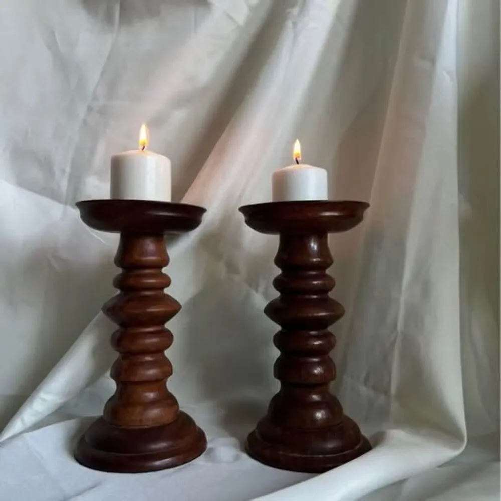 Pair of MCM Dark Brown Wood Pillar Candle Holders